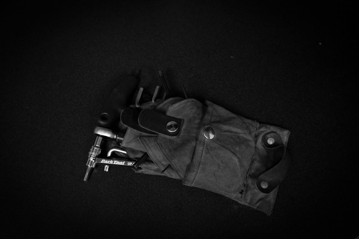 A mechanic's tool bag is ready for action during the tests