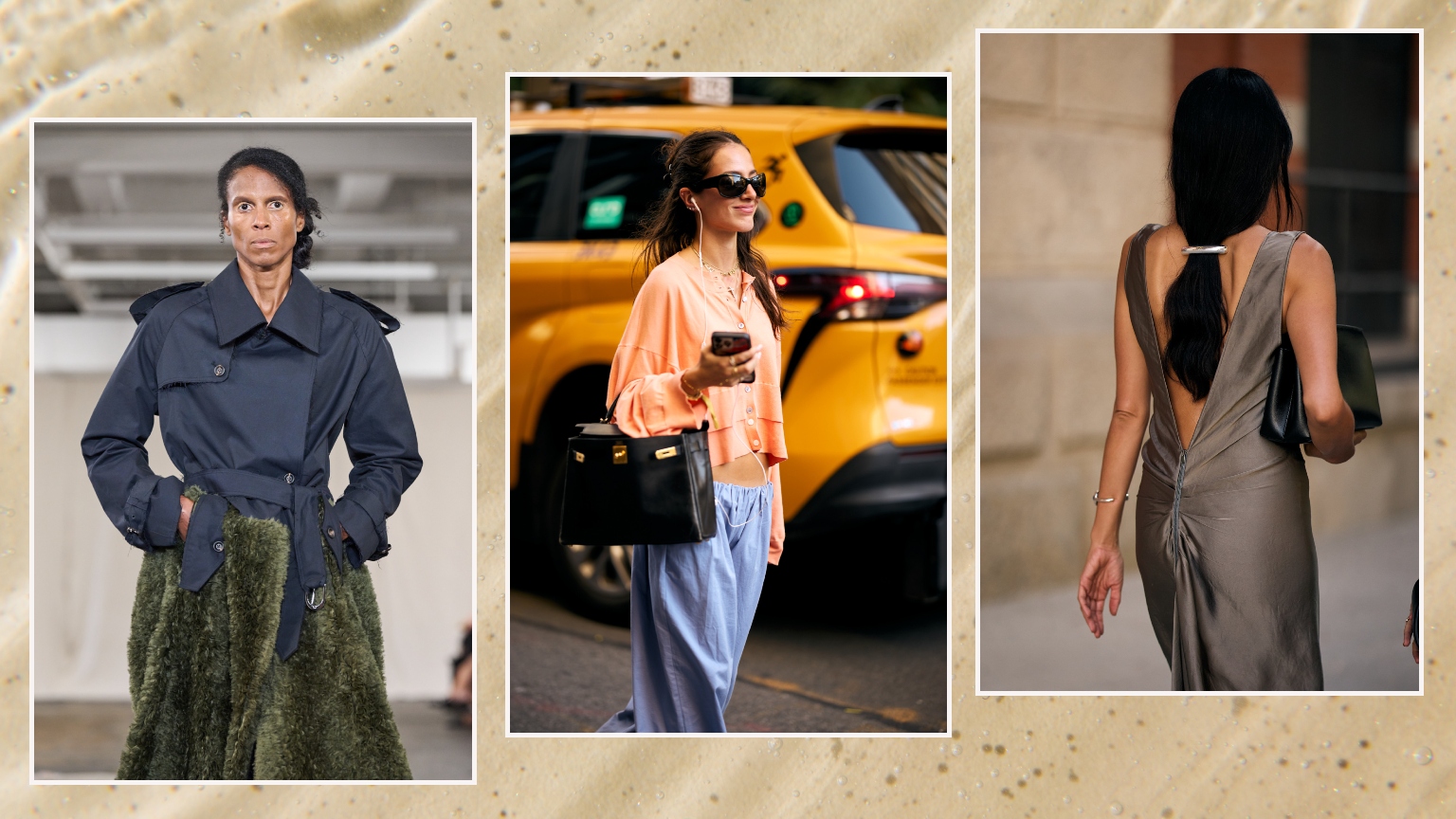 a trio of photos of stylish women with loose hairstyles and stylish outfits on a tan background