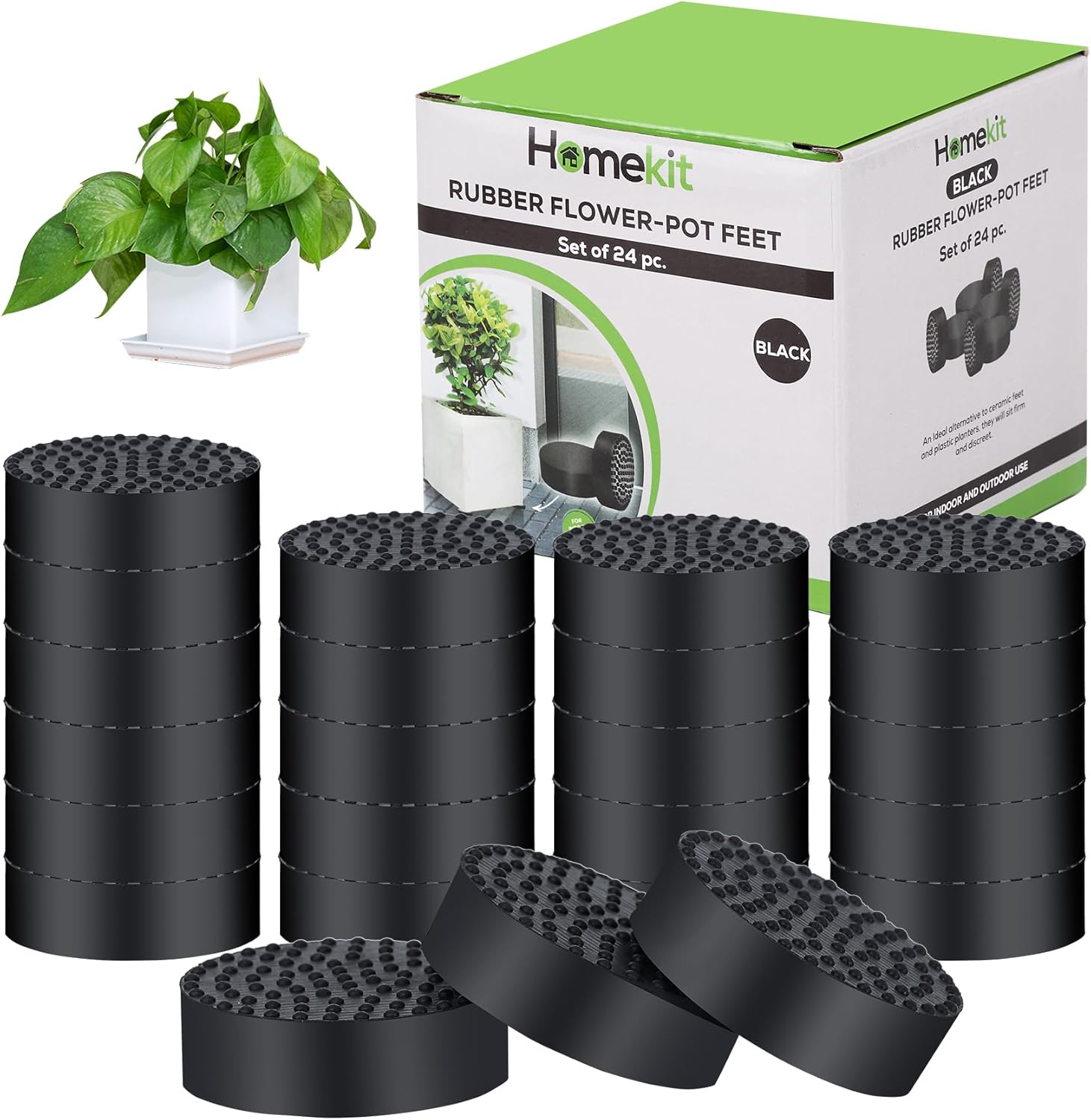 Homekit Flower Pot Feet; 24 Pieces; Black; Rubber – Non-Slip Invisible Risers for Gardening Plants Indoor and Outdoor