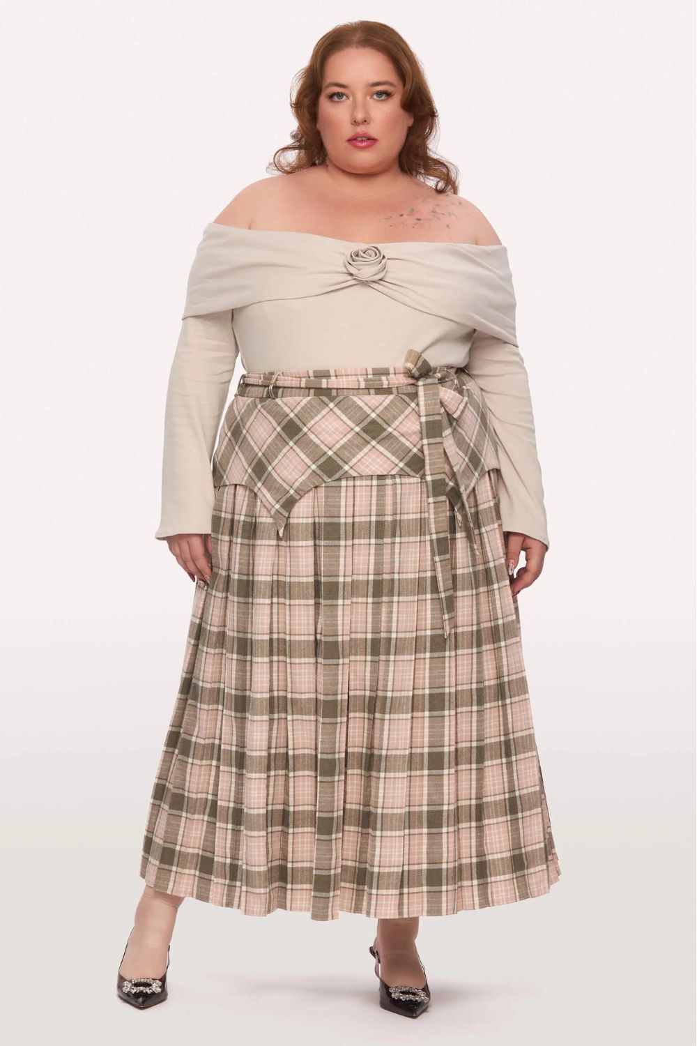 Loud Bodies Mainie pleated midi skirt in rose and olive plaid