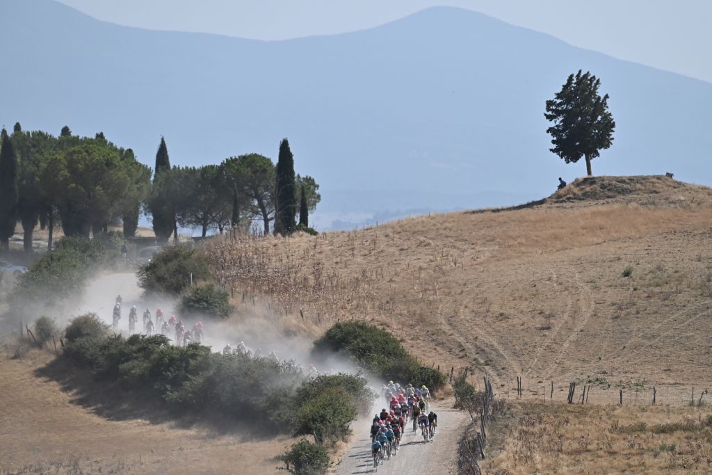 The pack of riders pedal through a dusty gravel road during the oneday classic cycling race Strade Bianche White Roads on August 1 2020 around Siena Tuscany Photo by Marco BERTORELLO AFP Photo by MARCO BERTORELLOAFP via Getty Images