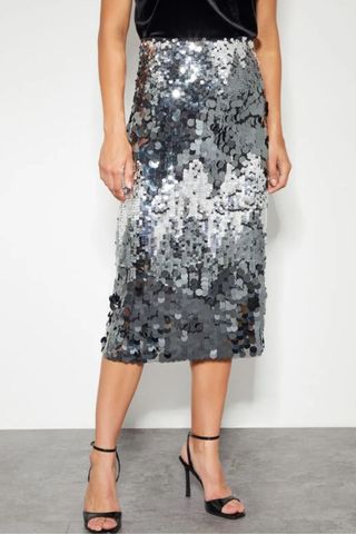 Monsoon Sia Sequin Midi Skirt Silver