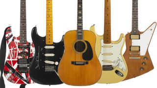 Guitars played by (from left) Eddie Van Halen, David Gilmour, Eric Clapton, and The Edge