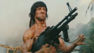 Rambo firing a machine gun in First Blood: Part II