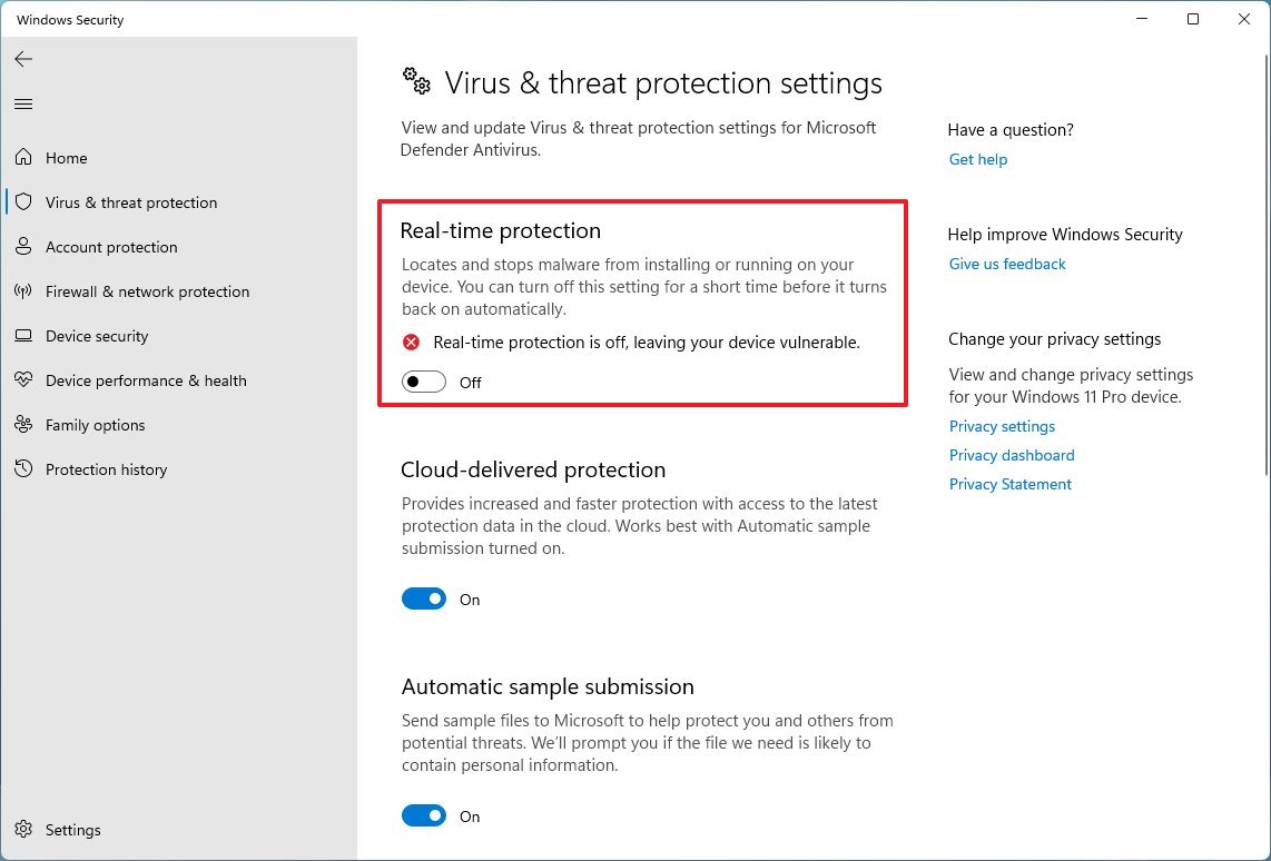 Microsoft Defender Antivirus disable real-time protection