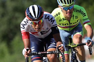 Jarlinson Pantano and Rafal Majka ride toward the finish of stage 15 at the Tour de France
