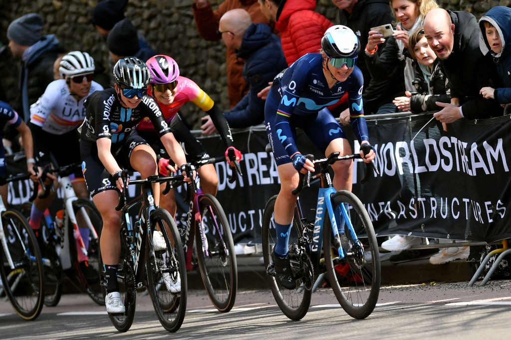VALKENBURG NETHERLANDS APRIL 10 LR Liane Lippert of Germany and Team DSM and Annemiek Van Vleuten of Netherlands and Movistar Team compete during the 8th Amstel Gold Race Ladies Edition 2022 a 1285km one day race from Maastricht to Valkenburg UCIWWT AGR2022 on April 10 2022 in Valkenburg Netherlands Photo by Luc ClaessenGetty Images