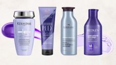Collage of 4 of the best purple shampoos featured in this guide from Kerastase, Charles Worthington, Pureology and Redken set against an off-white background with 2 purple swatces