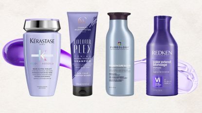 Collage of 4 of the best purple shampoos featured in this guide from Kerastase, Charles Worthington, Pureology and Redken set against an off-white background with 2 purple swatces