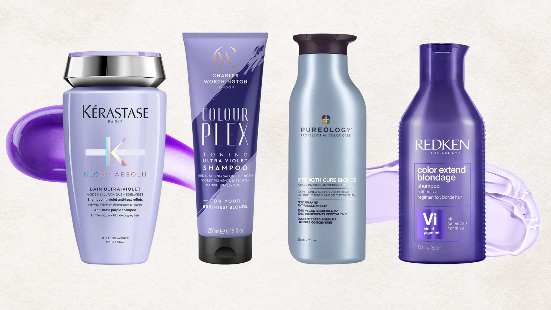 Collage of 4 of the best purple shampoos featured in this guide from Kerastase, Charles Worthington, Pureology and Redken set against an off-white background with 2 purple swatces