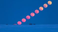 A time lapse image showing a pink to yellow full moon moving across a blue sky.