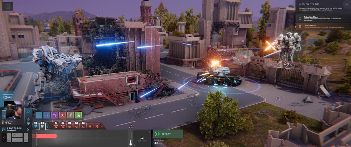 Mechs in Phantom Brigade shooting at one another.