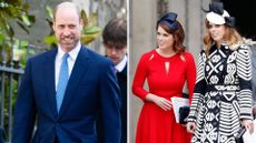 A composite of a picture of Prince William at Easter 2026 and a picture of Eugenie and Beatrice from 2016