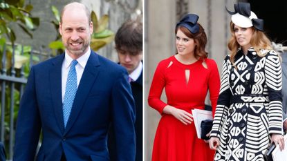 A composite of a picture of Prince William at Easter 2026 and a picture of Eugenie and Beatrice from 2016