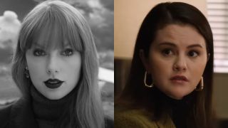 From left to right: Taylor Swift in the Fortnight music video and Selena Gomez in Only Murders in the Building. 