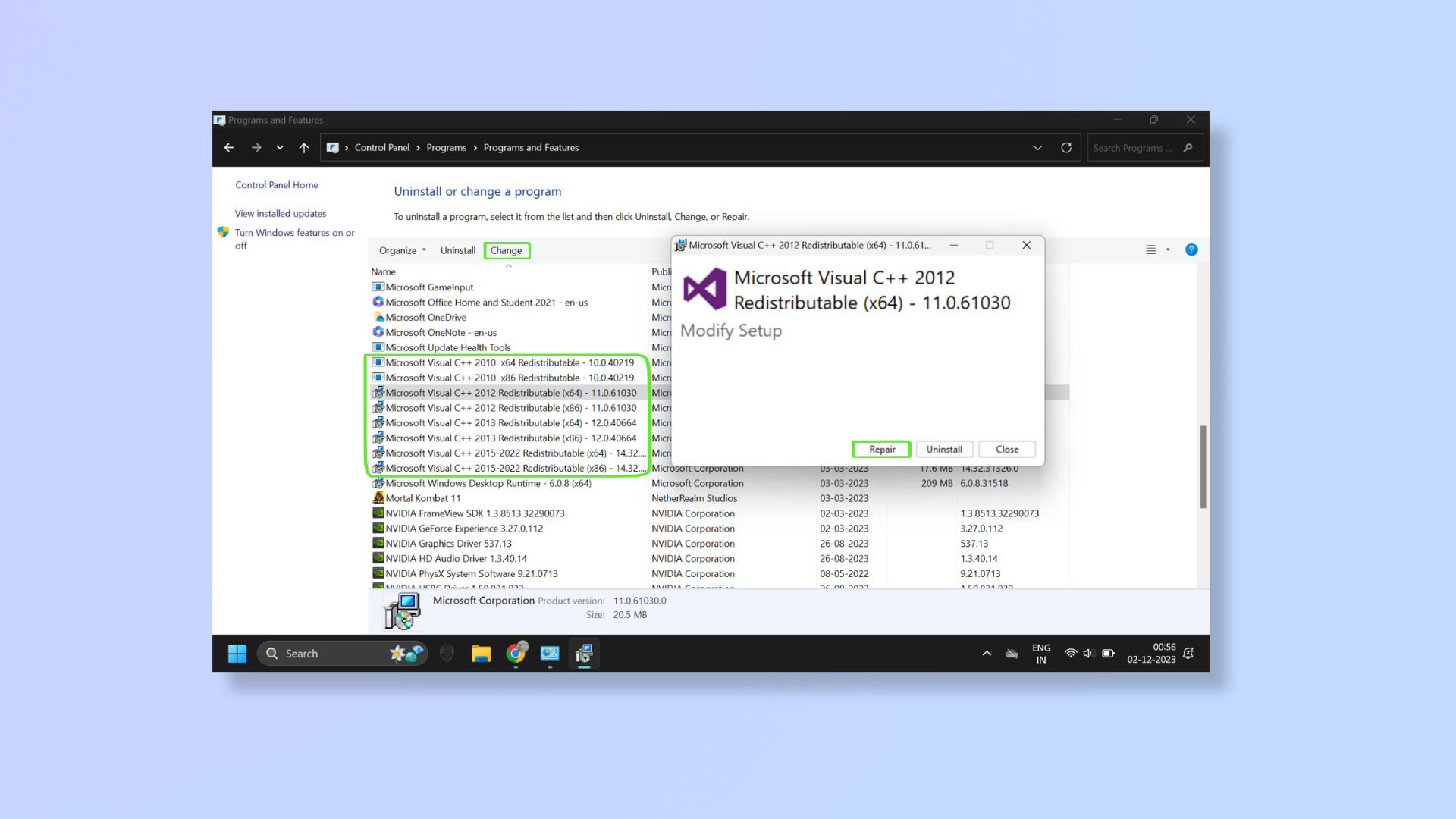 Снимок экрана с настройками Windows, показывающий, как восстановить распространяемые пакеты Visual C++. 