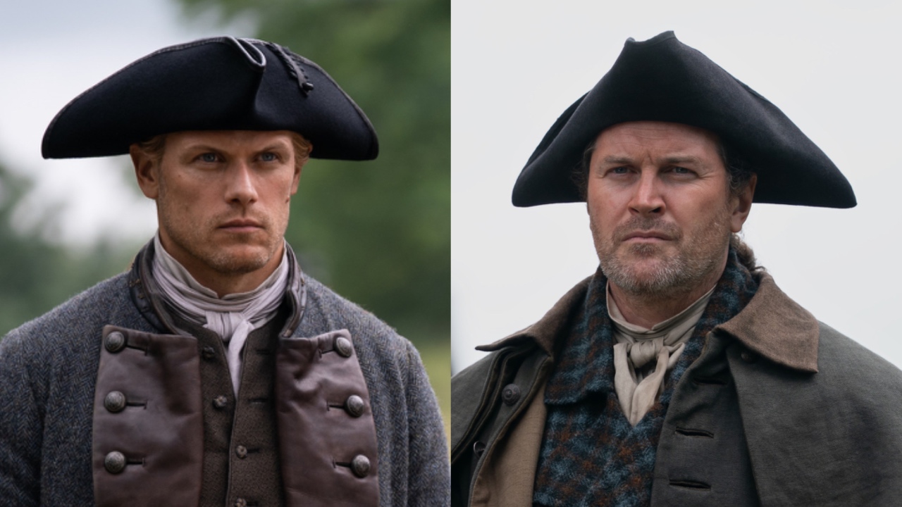 Sam Heughan as Jamie wearing his kilt and hat vs. Kieran Bew as Captain Cunningham wearing his plaid in Outlander Season 8x05