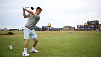 Kipp Popert tees off at the 18th in the Celebration of Champions ahead of The 150th Open in St Andrews