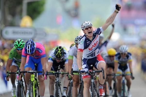 Andre Greipel (Lotto Belisol) celebrates victory in stage 4 of the Tour de France.