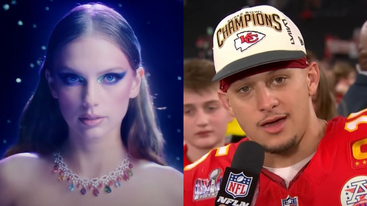 From left to right: Taylor Swift in the Bejeweled music video and Patrick Mahomes holding an NFL microphone after winning 2024&#039;s Super Bowl. 