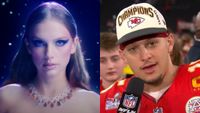 From left to right: Taylor Swift in the Bejeweled music video and Patrick Mahomes holding an NFL microphone after winning 2024's Super Bowl. 