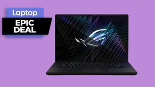 Asus ROG Zephyrus M16 laptop in black colorway with epic deal badge
