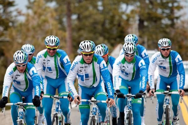 Team NetApp spreads out on a climb.