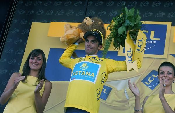 New race leader Alberto Contador (Astana) is ecstatic to be back in yellow.