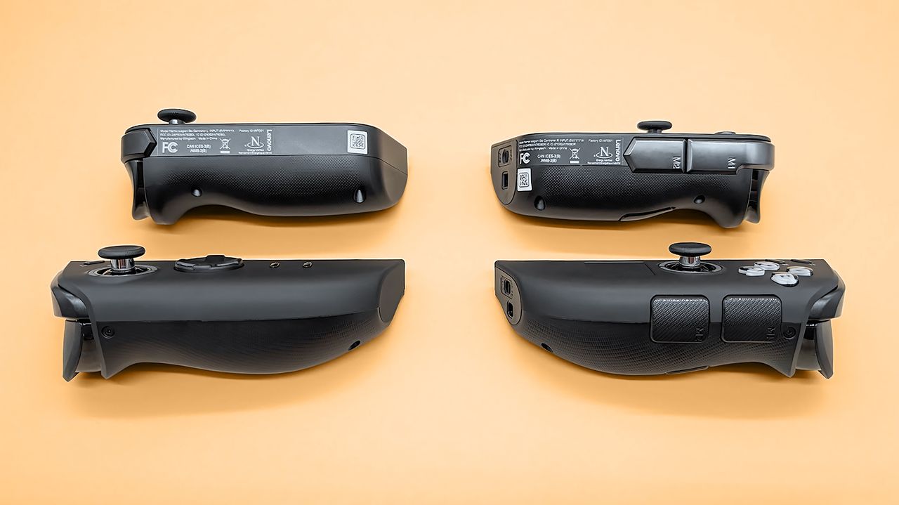 The Lenovo Legion Go 2 and original Legion Go controllers lying on their sides so the outer buttons are visible.