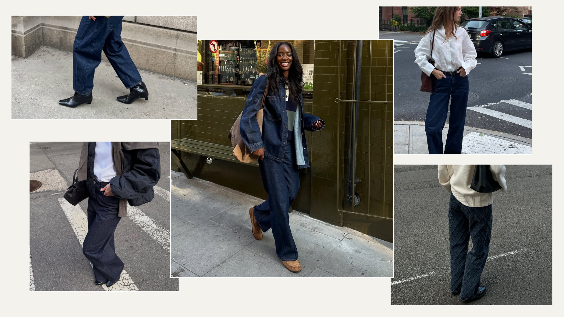 Five different outfits with dark-wash denim