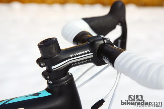 Specialized outfits the S-Works Roubaix SL4 with its own forged aluminum stem. Even with the neat adjustable angle feature, though, some riders might not be able to get low enough without resorting to a more aggressive -17&deg; stem given the relatively long head tube.