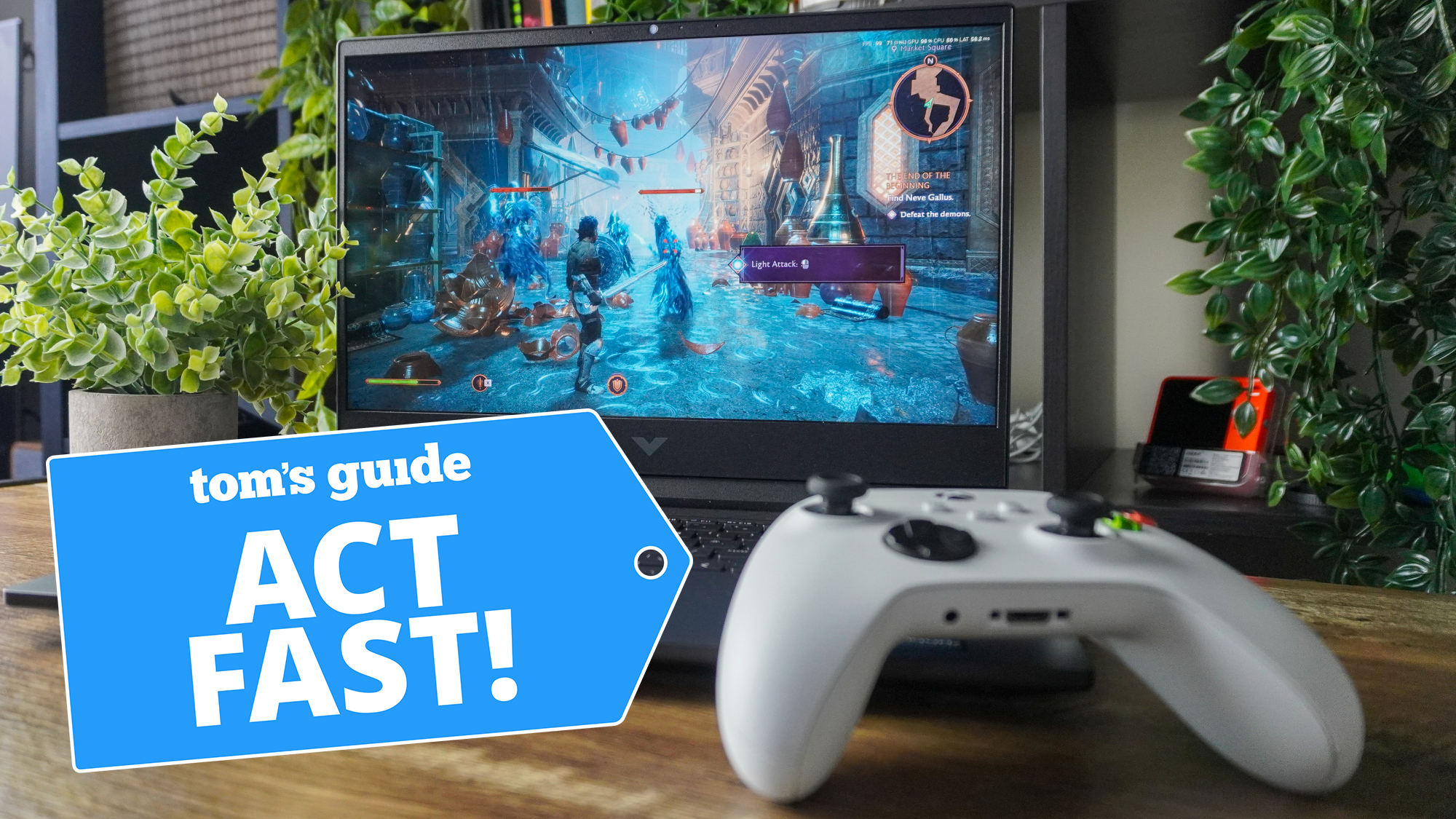 An HP Victus laptop with game controller