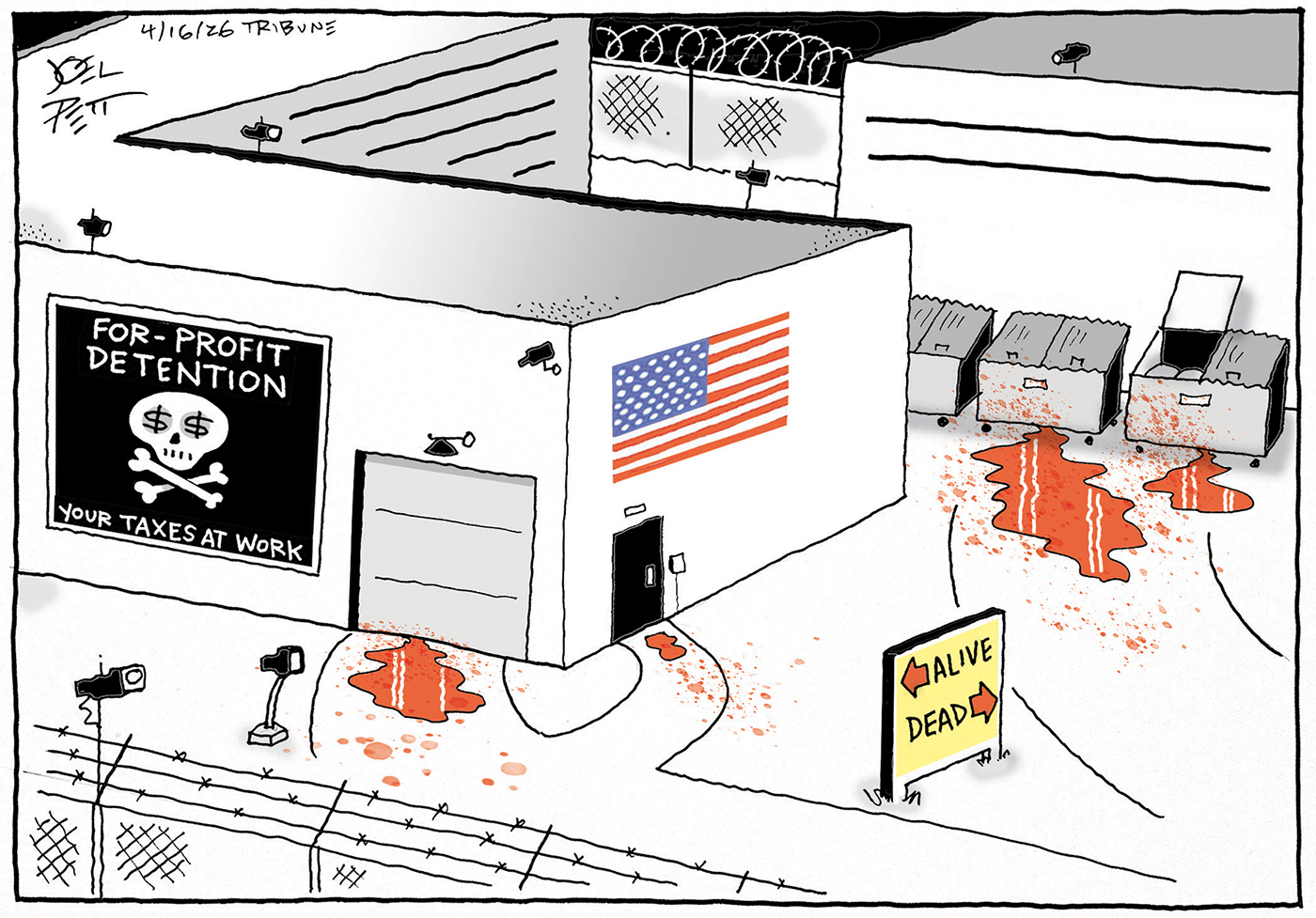 This single-panel political cartoon depicts a facility labeled "FOR-PROFIT DETENTION" with a sign stating "YOUR TAXES AT WORK" and dollar signs replacing the eyes on a skull. Large pools of blood are shown seeping out from under a closed garage door and from dumpsters behind the building. A sign in the foreground features arrows directing toward the facility as "ALIVE" and toward the dumpsters as "DEAD."