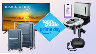 Compilation showing Insignia TV, Samsonite luggage, Anker earbuds, Shark robot vacuum