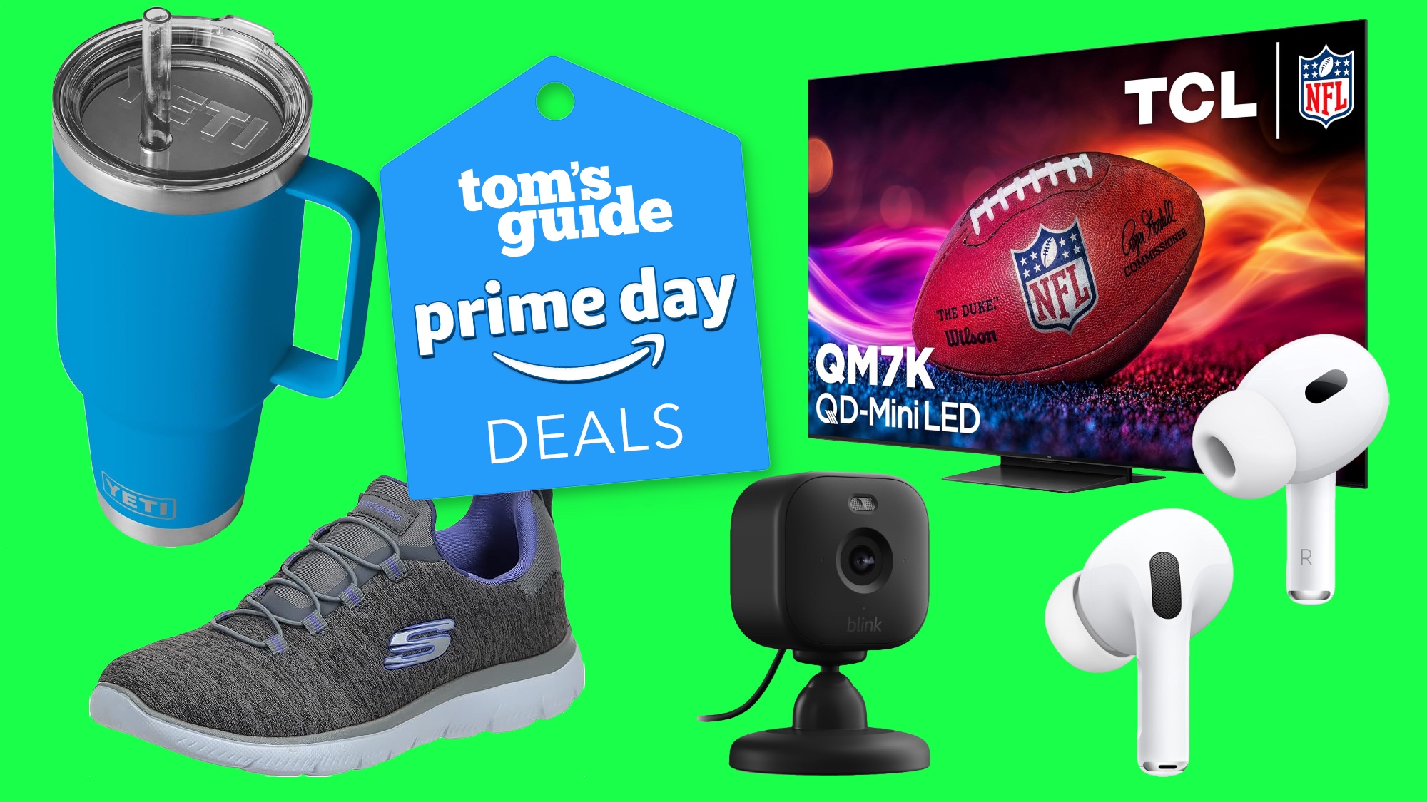 Yeti tumbler, Skechers shoes, Blink camera, AirPods Pro 2 and TCL TV