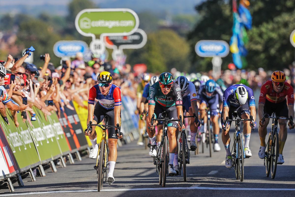 Picture by Alex Whitehead/SWpix.com - 03/09/2023 - Cycling - 2023 Tour of Britain - Stage 3: Google to Beverley (154.7km) - Olav Kooij of Team Jumbo Visma (Wearing the Leaders Jersey) Wins Stage 3 of the 2023 Tour of Britain in Beverley with Danny Van Poppel of Team Bora Hansgrohe in second and Ethan Vernon of Team Great Britain in third