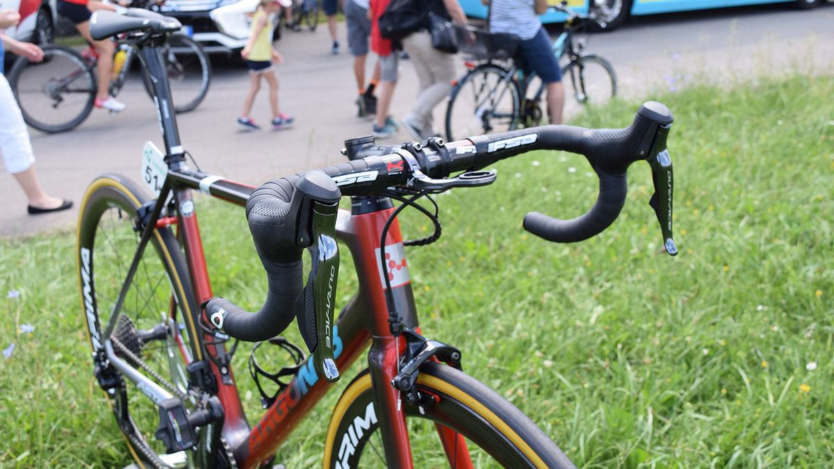 The FSA cockpit is paired with Shimano Dura-Ace R9150 levers and Prologo handlebar tape