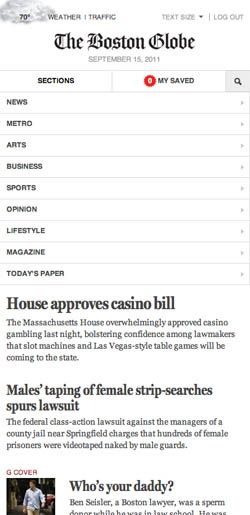 In its narrowest form, the Boston Globe website's nav collapses and becomes a mobile-oriented drop-down. Very smart