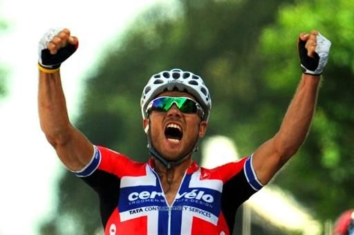 Norwegian national champion Thor Hushovd (Cervelo Test Team) celebrates his victory in Porte du Hainaut.