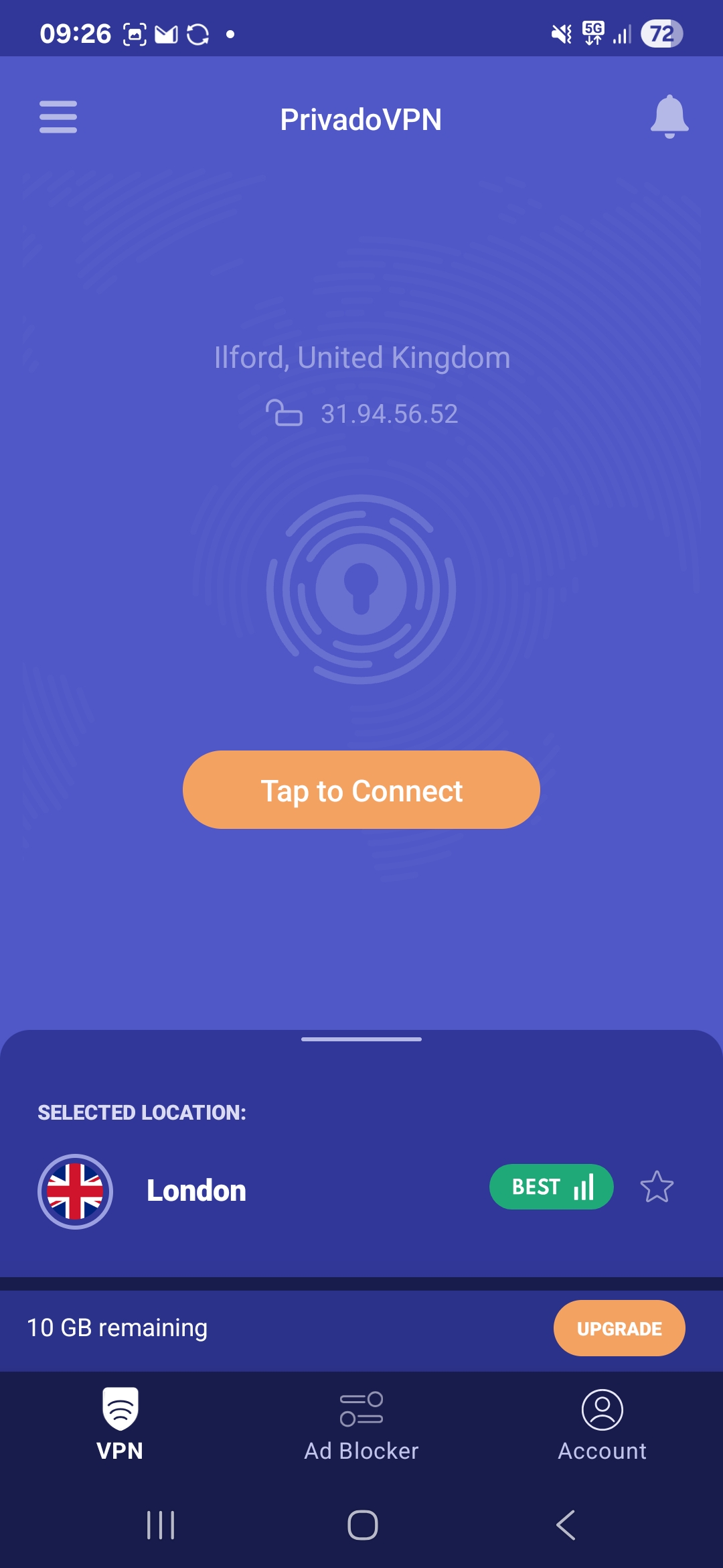 PrivadoVPN Android app home screen