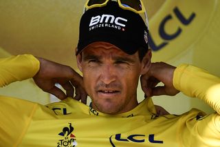 Greg Van Avermaet (BMC) wears the yellow leader's jersey at the Tour de France