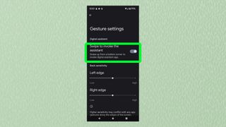 A screenshot from Android showing the Gesture Settings menu with 'Swipe to activate assistant' highlighted