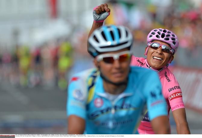 Nairo Quintana (Movistar) celebrates his overall victory in the Giro