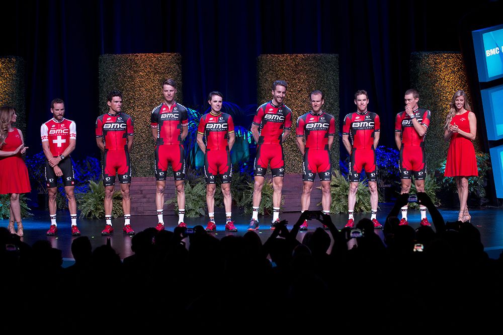 A happy Taylor Phinney on stage with his BMC teammates