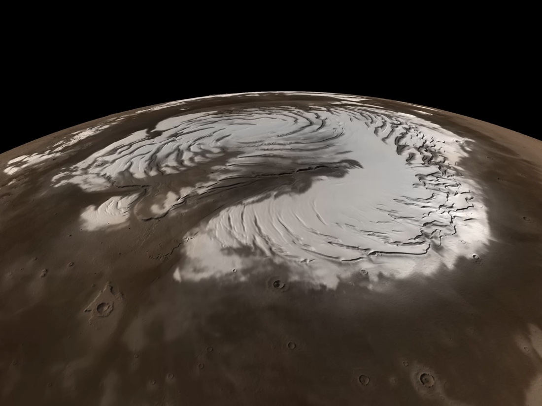 This true-color image of Mars&#039; north pole incorporates data from NASA&#039;s Mars Global Surveyor spacecraft.