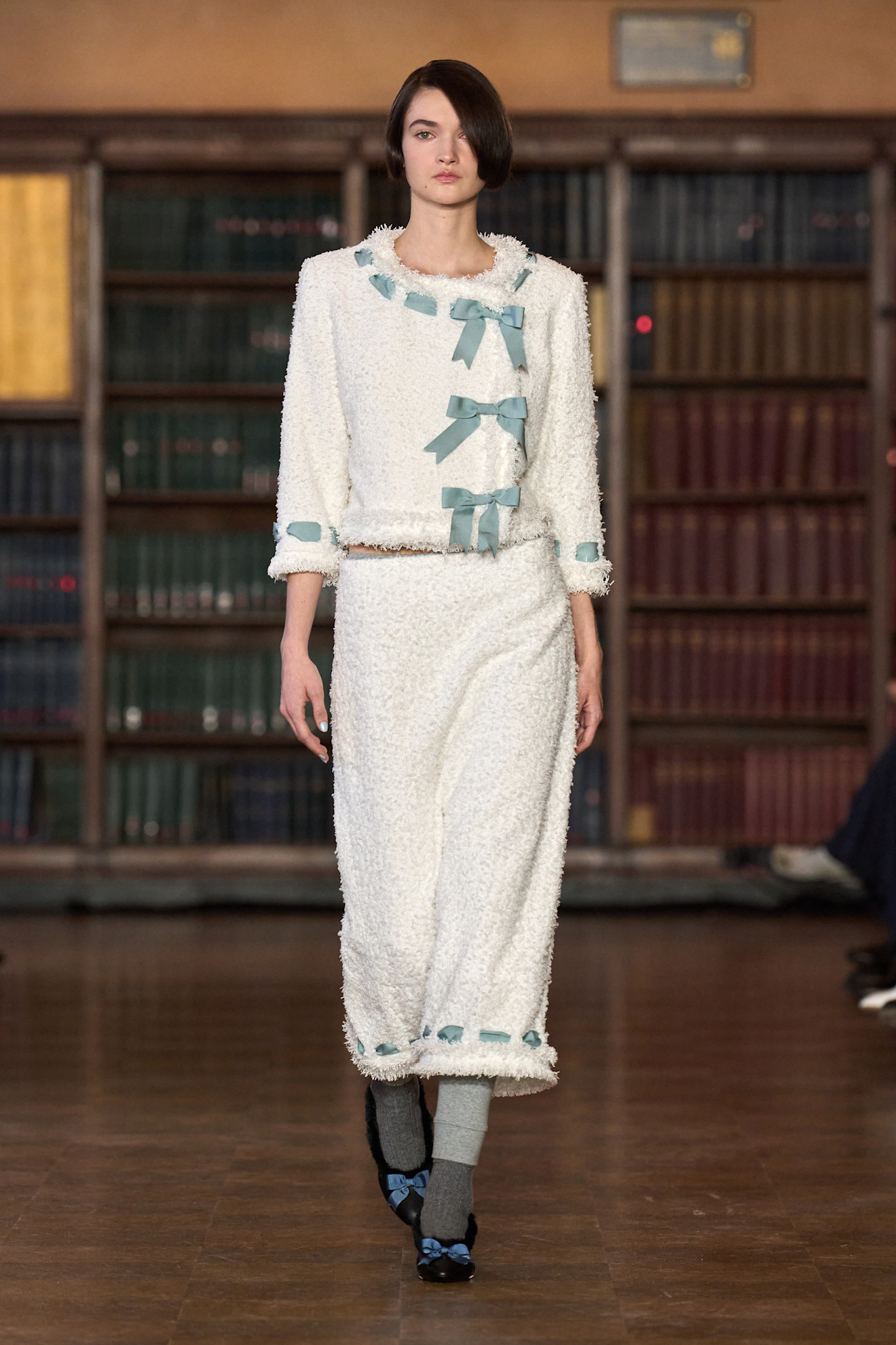 models walk the Sandy Liang Fall 2026 fashion show runway wearing slipper shoes 