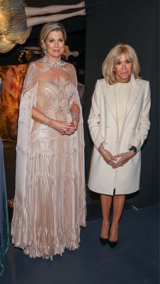 Brigitte Macron and Queen Maxima matched in dazzling white gowns ...