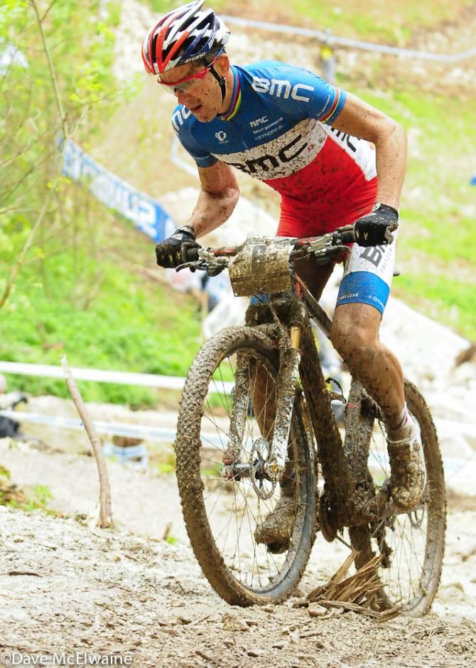 Julien Absalon (BMC Mountain Bike Team) climbing switchbacks