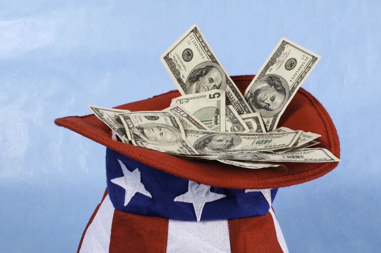 US currency in Uncle Sam&#039;s hat for taxes