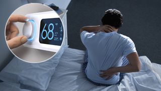 In the left corner, a closeup of a hand adjusting the temperature on a thermostat (Shutterstock.) In the main image, a man holds his pack and shoulder while sitting on the edge of his mattress, looking in pain (Getty)